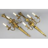 A set of three George III style gilt brass three branch wall lights,