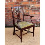 A George III style mahogany childs chair, with pierced splat and drip in seat of chamfered legs,
