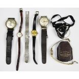 A ladies 9ct gold Sekonda wristwatch, with leather strap, with three other ladies watches,