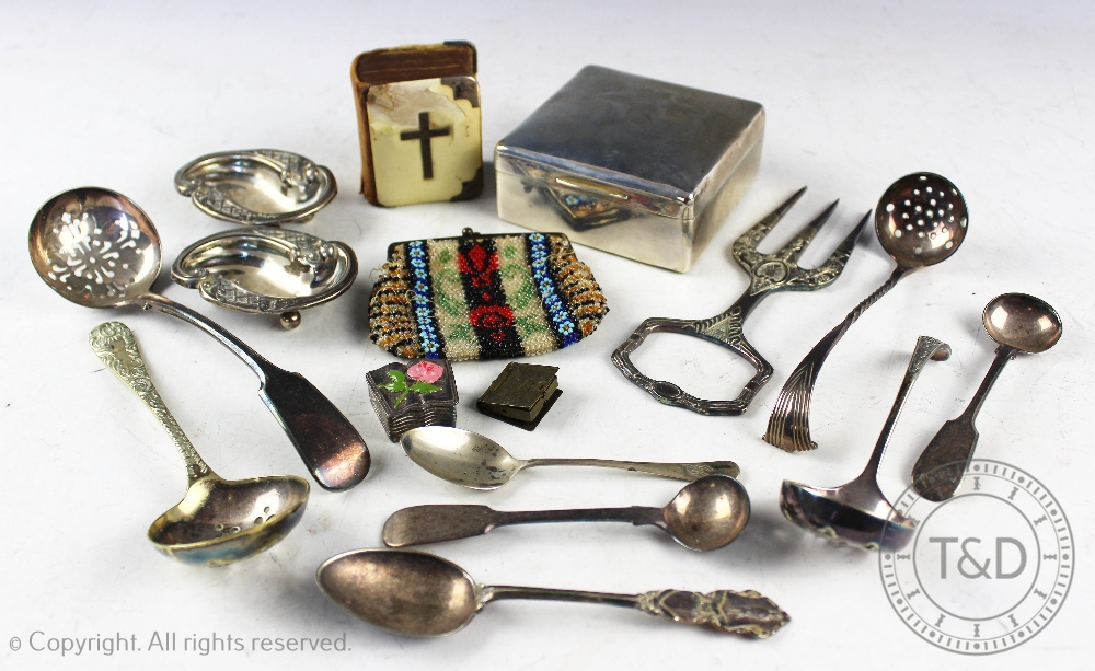 A selection of silver items and objects of virtue to include a silver cigarette box, Mayes,