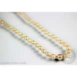 A single strand graduated untested pearl necklace with attached 9ct gold bow shaped clasp, 48.