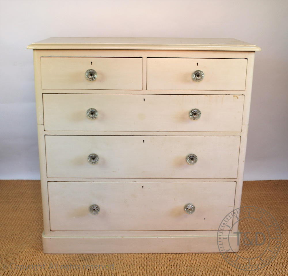 A Victorian painted pine chest, of two short and three graduated long drawers, on plinth base,