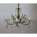 A French gilt metal four branch ceiling light, with lustre drops, 21cm,