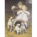 English School - late 20th century, Oil on board, Children and puppies playing in a farm yard,