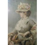 A large late 19th century print of a maiden in a floral dress,