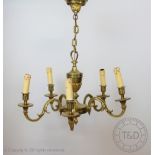 An Adam style gilt brass five branch ceiling light,