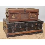 A Vintage wood bound travelling trunk, 33cm H x 93cm W x 53cm D,