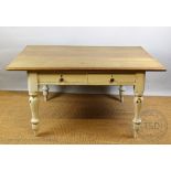 A Victorian and later oak and pine rustic kitchen table, with four drawers, on turned legs,