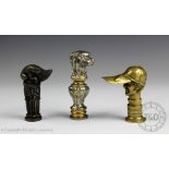 Three desk seals, comprising; a gilt and silver plated dogs head, monogrammed, 9cm long,