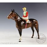 A Beswick Racehorse and Jockey - standing racehorse in brown colourway (number on saddlecloth)