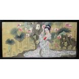 Chinese School (Modern), Watercolour on paper, Seated maiden amongst lotus branches, Stamped,