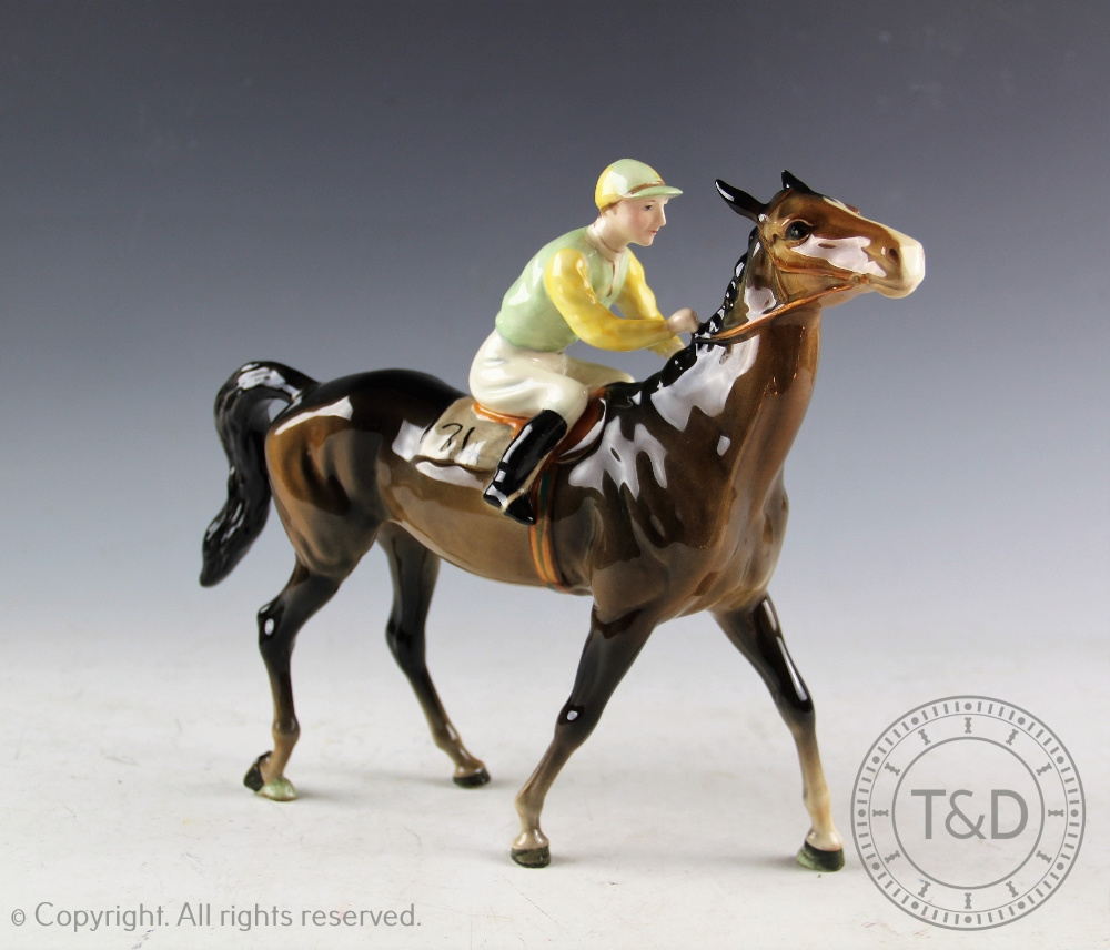 A Beswick Racehorse and Jockey - walking racehorse in brown colourway No.