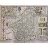 John Speed, 17th century engraving, Map of Northumberland with vignettes and armorials,