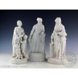Three Parian figures comprising; a classical maiden, modelled stood besides a column, 33.