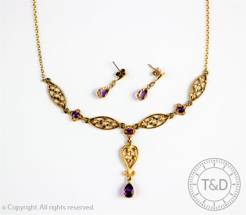 An amethyst, cultured pearl and 9ct gold necklace,