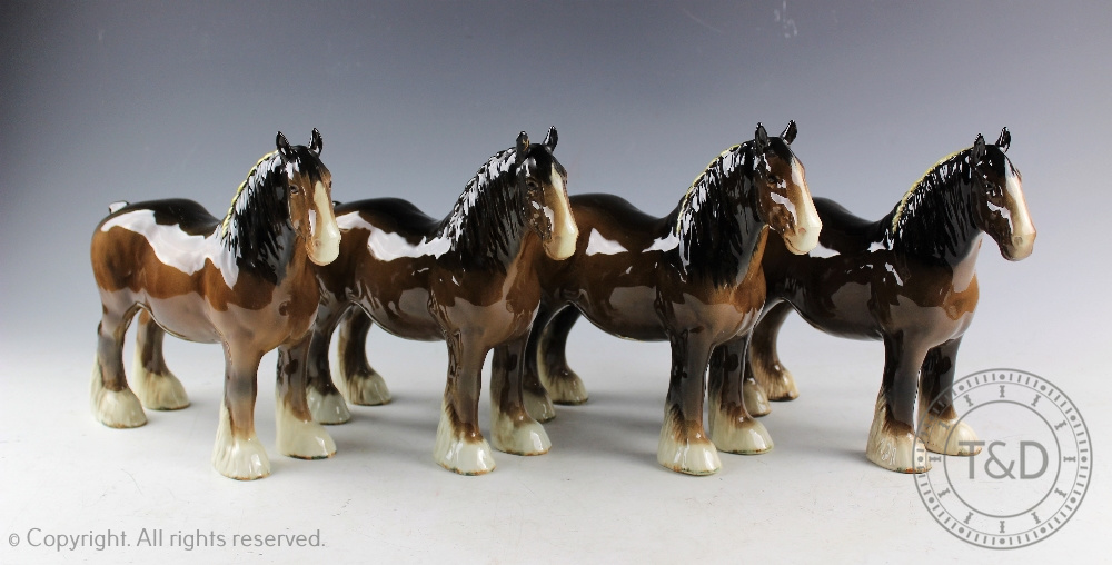 Four Beswick Shire mares, model number 818, designed by Arthur Gredington, brown gloss, 21.