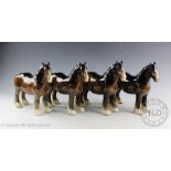 Four Beswick Shire mares, model number 818, designed by Arthur Gredington, brown gloss, 21.