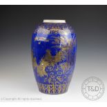 A Chinese porcelain powder blue and gilt decorated vase, of high shouldered cylindrical form,