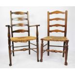 A set of six 19th century style stained beech ladder back chairs,