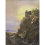 Continental School - 19th century, Pastel, Landscape with figures on a road and castle on a hill,