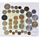 A collection of British and foreign tokens and coins, to include; a Stafford penny dated 1801,