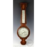 An Edwardian inlaid mahogany aneroid barometer, with thermometer,