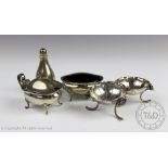 A small selection of silver comprising; a three piece condiment set, John Round & Son Ltd,