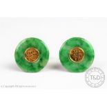 A pair of gentleman's Chinese yellow gold and jade cuff links,