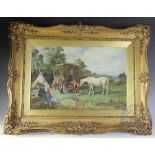 Thomas Greenhalgh - late 19th century, Watercolour, Gypsy camp with figures, caravan and horse,