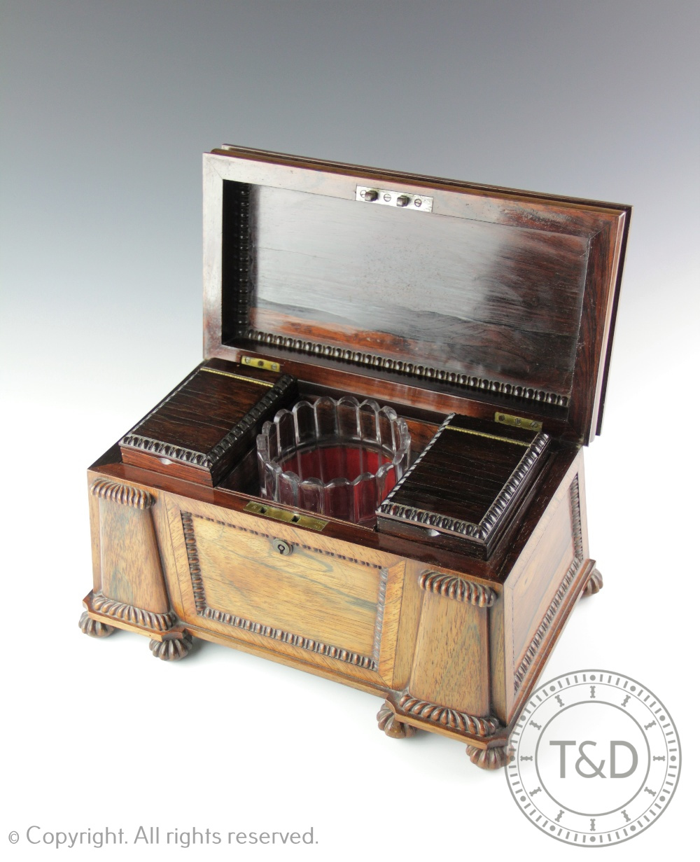 A George IV rosewood tea caddy in the manner of Gillows of Lancaster, of sarcophagus form, - Image 2 of 2