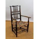 A 19th century oak and ash country kitchen chair, with spindle back, on turned legs,
