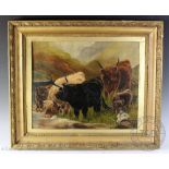 English School - late 19th century, Oil on canvas board, Highland cattle watering, 38.