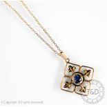 A sapphire set 9ct gold pendant and chain, the Edwardian style pendant of square design,