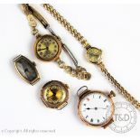 An H Samuel 9ct gold ladys wristwatch and a collection of 9ct gold cased watches and a gold