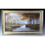 Denis Thornton, Oil on canvas, Irish river scene, Signed lower left, 37cm x 80cm, Framed,
