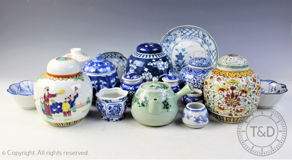 A selection of Chinese wares to include a celadon ground teapot and cover,