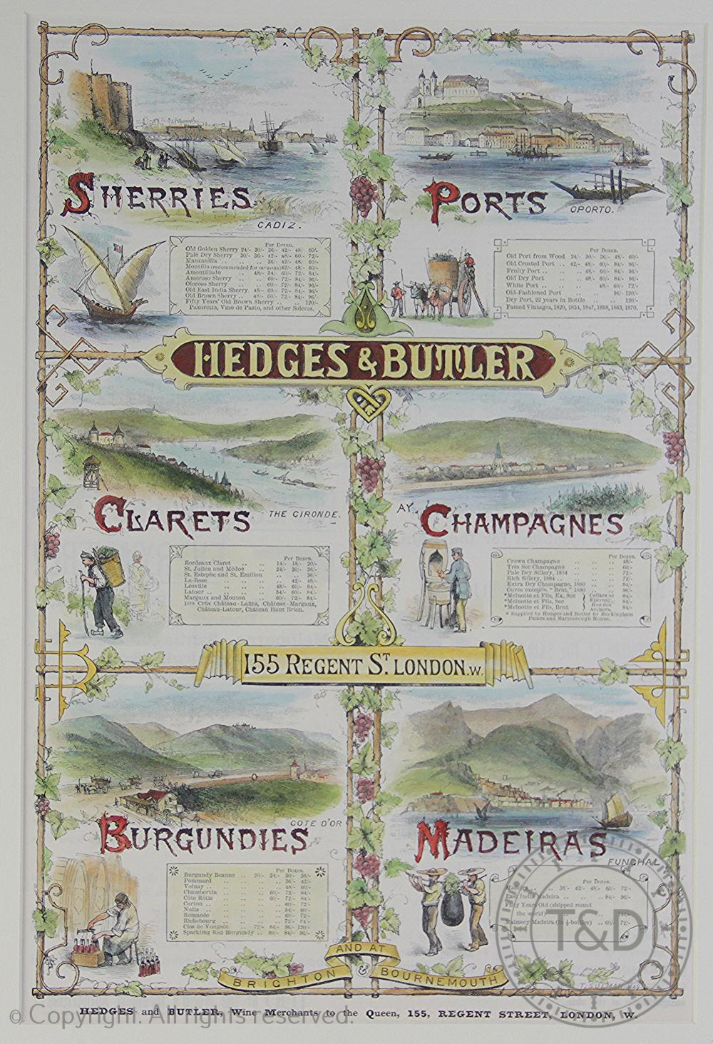 A Hedges and Butler wine advertising print, listing Sherries, Ports, Clarets, Champagnes,