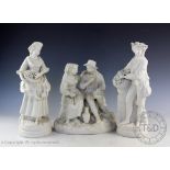 Three Parian figures comprising; two classical flower pickers, 34cm and 33.