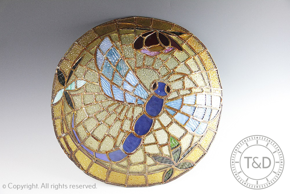 A 1920's Tiffany style stained glass and wrought iron plafonnier,