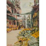 CARMELO FERTITTA (Gioiosa Marea (Me) 1911 - Palermo 1995) OLIO su masonite "Mercato popolare",