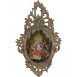 PITTURA su vetro "La Madonna venerata da San Rocco e San Vito" entro cornice coeva in legno