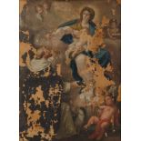 OLIO su tela "Madonna con Angeli e Santi" (difetti). XIX secolo Misure: cm 36 x 27