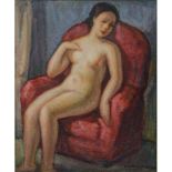 VINCENZO VINCIGUERRA (Caccamo (Pa) 1922) OLIO su faesite "Nudo femminile seduto", firmato in basso a