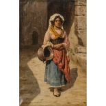 N. F. JENSEN OLIO su tela "Figura femminile in abiti folkloristici - 1908". Misure: cm 53,5 x 35