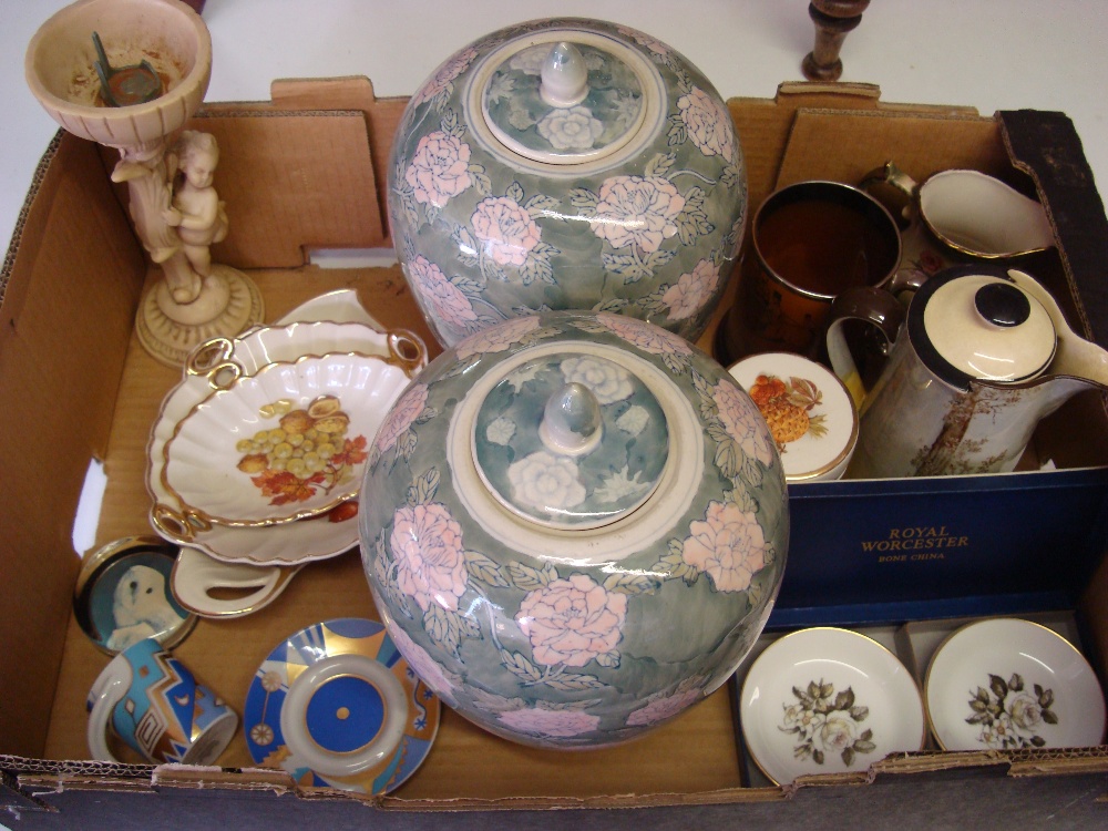 Ceramics including a Brannam ware jug and two ovoid Chinese style vases with lids etc.