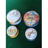 4 Crummles enamel pill boxes decorated with Paddington Bear learning to drive, Winnie the Poo and