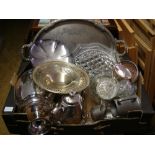 A mixed lot to include silver plate, pewter, brass and glassware. Includes various containers,