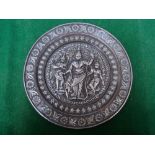 A poss Indian copper plate with applied silver, 22.5cm diameter.