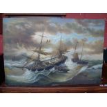 T. Slowsky. Oil on canvas depicting ships on stormy waters, unframed. 91 x 60cm.