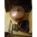 A fire guard, copper coal scuttle, bucket etc.